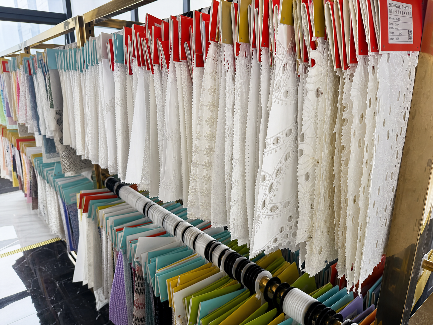 Close-up lace and embroidery fabric swatches