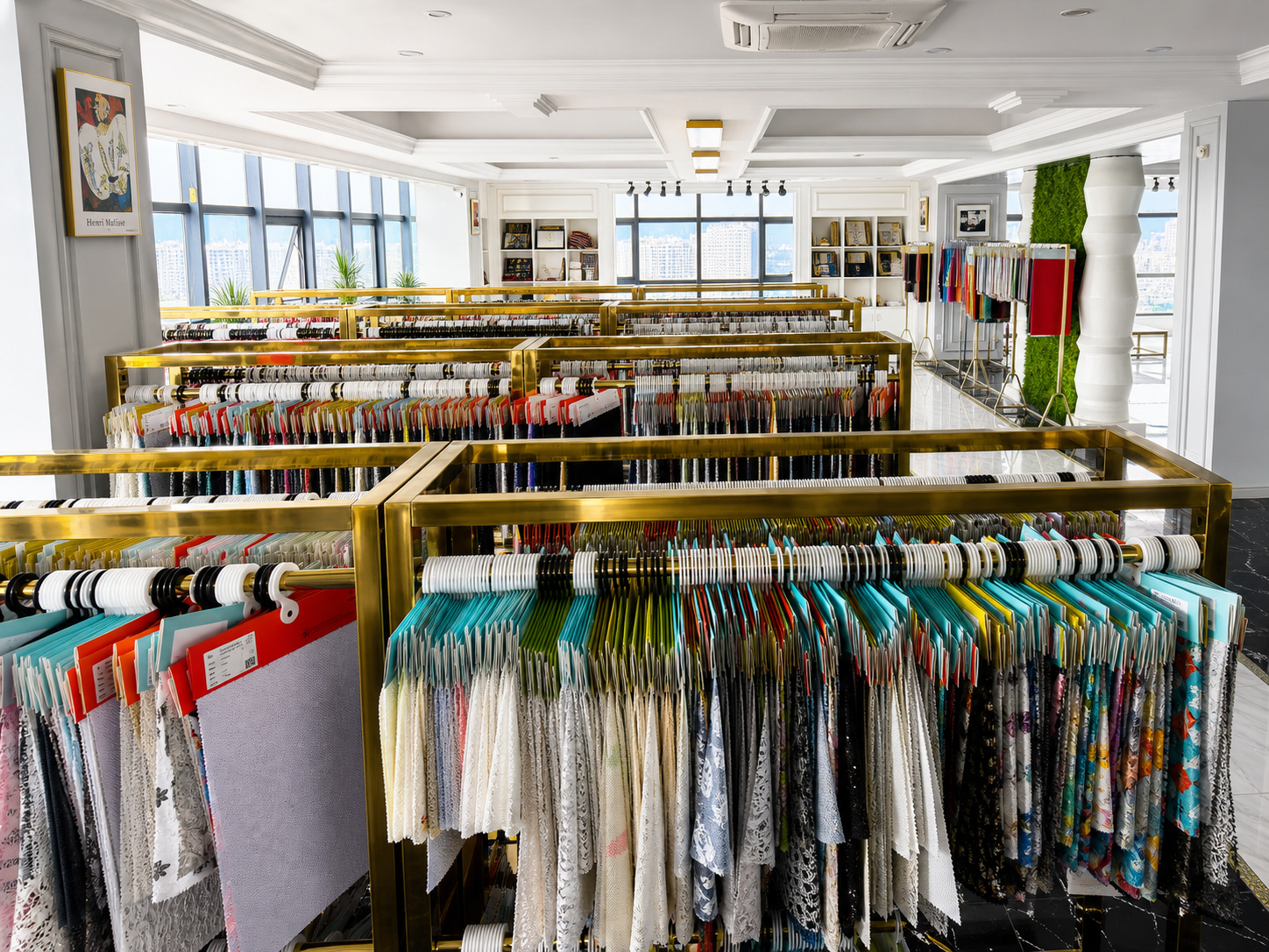 Zhongwei Textile fabric showroom with organized sample racks