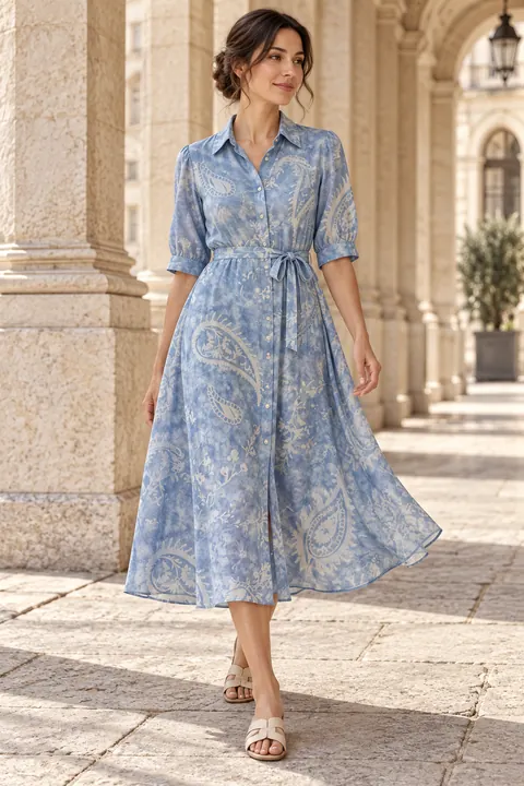 AI garment concept: Blue paisley shirt dress using ZW-F5055