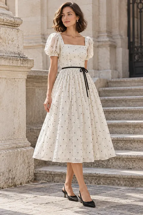 AI garment concept: Polka-dot tea dress using ZW-F5058