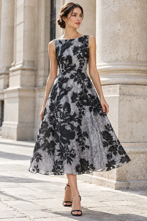 AI garment concept: Black floral overlay dress using ZW-J4224