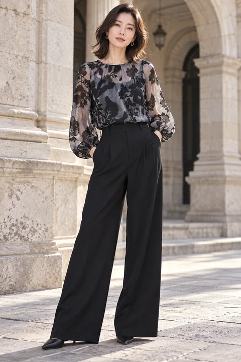 AI garment concept: Floral sheer-sleeve blouse using ZW-J4224