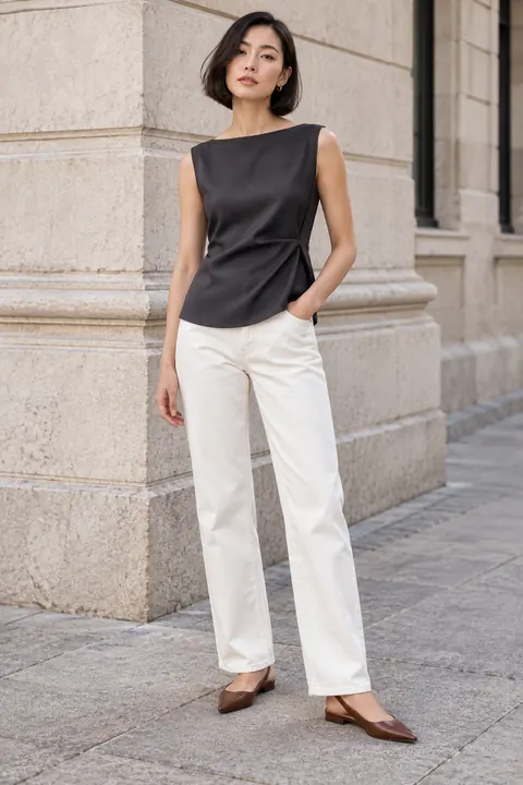 AI garment concept: Side-pleat satin top · YW-1010 using YW-1010