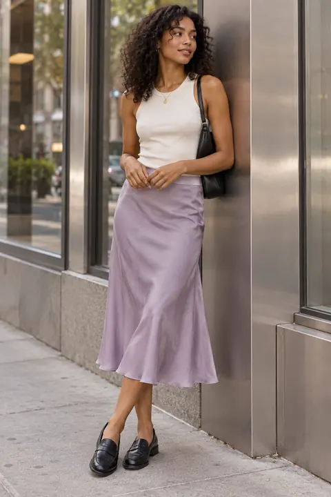 Lilac satin midi skirt · ZW-W3617 · Garment applications