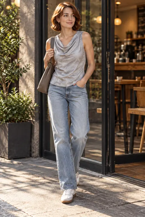 Silver satin cowl-neck top · YW-1023 · Garment applications