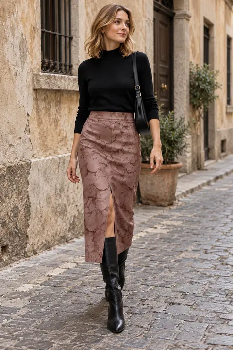AI garment concept: Textured faux-leather midi skirt · ZW-W4801 using ZW-W4801