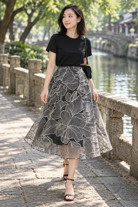 AI garment concept: Floral embroidered midi skirt · ZW-F5008 using ZW-F5008