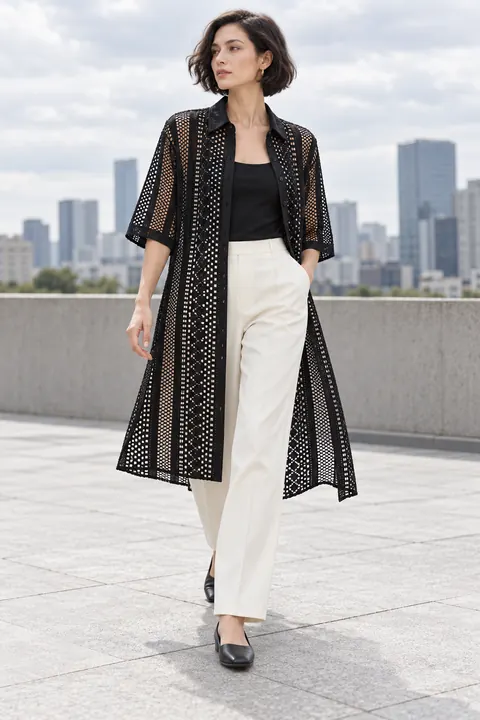AI garment concept: Black geometric openwork long jacket · ZW-F4945 using ZW-F4945