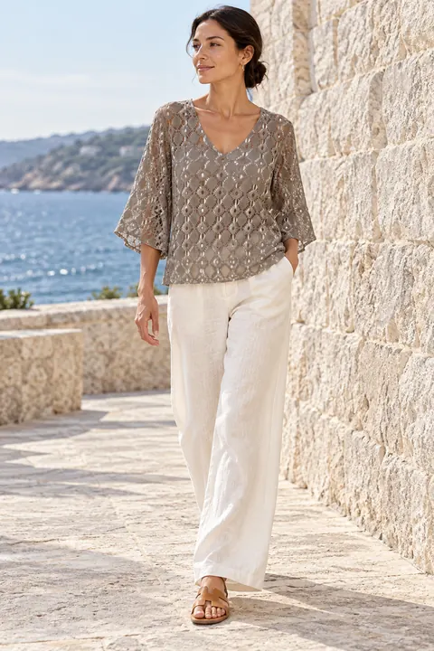AI garment concept: Taupe geometric lace blouse · ZW-F4955 using ZW-F4955