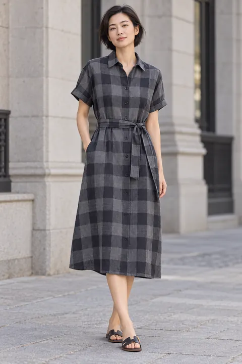 AI garment concept: Gray check linen shirt dress · ZW-W3466 using ZW-W3466