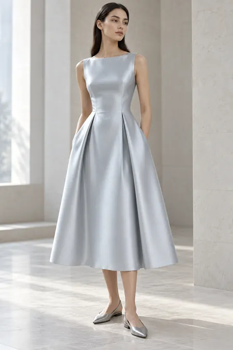 AI garment concept: Silver gray satin midi dress · YW-1009 using YW-1009