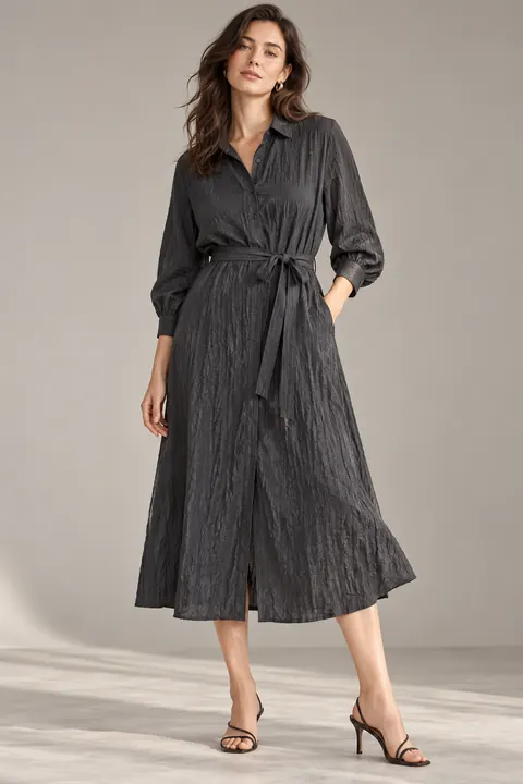 AI garment concept: Charcoal crinkle shirt dress · ZW-W4102 using ZW-W4102