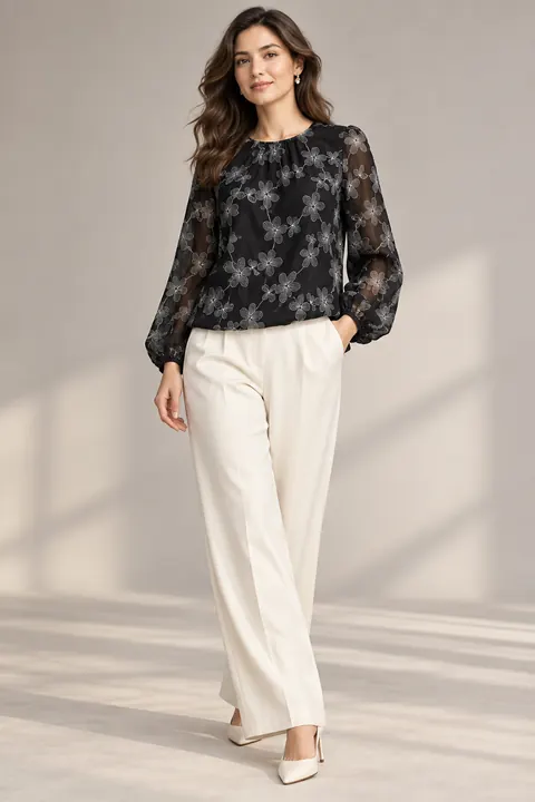 AI garment concept: Black floral embroidered blouse · ZW-F190081 using ZW-F190081