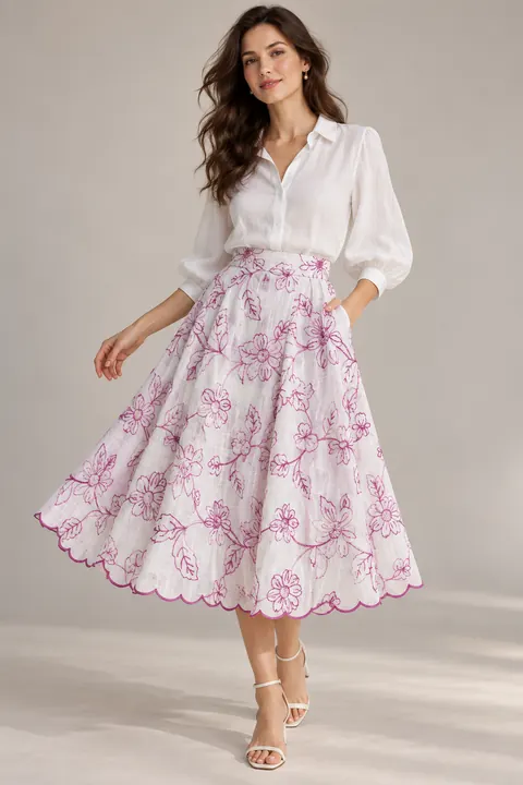 AI garment concept: White magenta embroidered skirt · ZW-F2647 using ZW-F2647