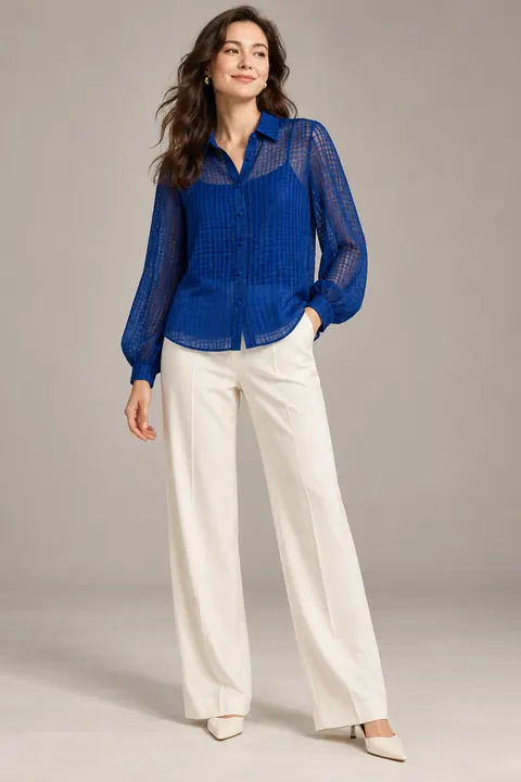 AI garment concept: Royal blue sheer jacquard blouse · ZW-J2316 using ZW-J2316