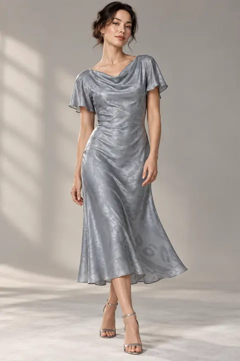 AI garment concept: Silver patterned satin dress · ZW-W3718 using ZW-W3718