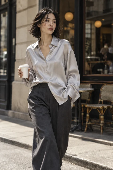 AI garment concept: Silver satin street shirt · YW-1009 using YW-1009