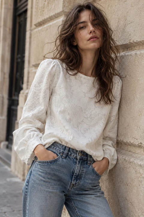 AI garment concept: Ivory floral blouse · ZW-F190080 using ZW-F190080