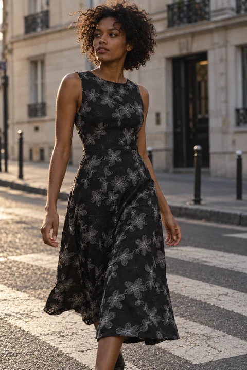 AI garment concept: Black floral midi dress · ZW-F190081 using ZW-F190081