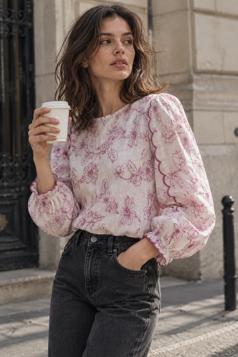 AI garment concept: Pink embroidered blouse · ZW-F2647 using ZW-F2647