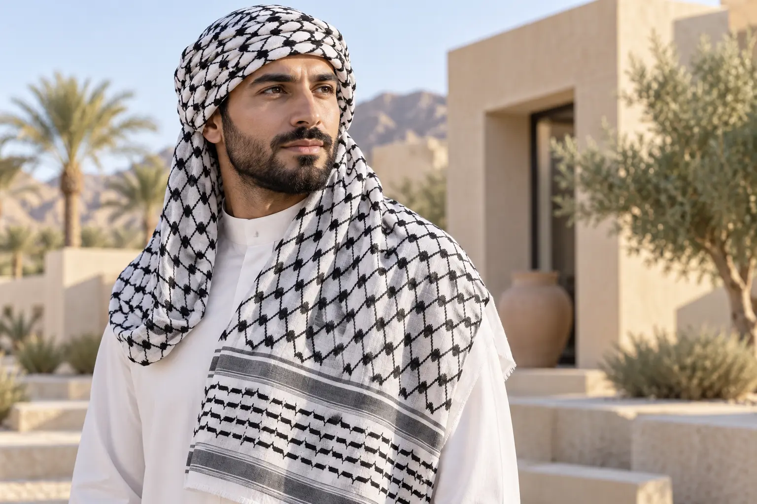تصور توضيحي لرجل يرتدي كوفية سوداء وبيضاء