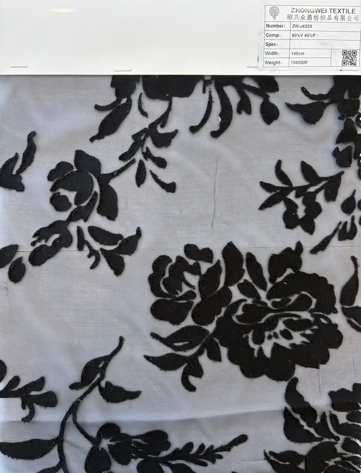 Black Floral Sheer Viscose-Blend Fabric · ZW-J4223
