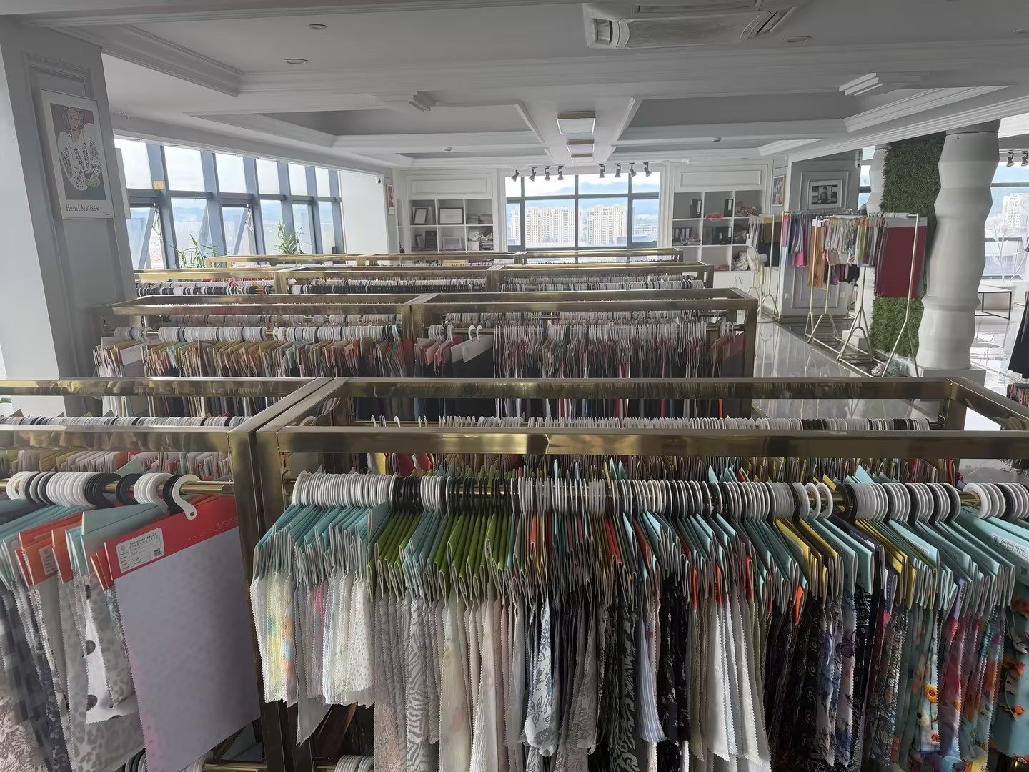 Rows of fabric swatches in Zhongwei Textile sample room