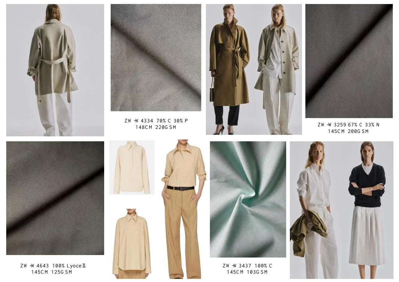 Zhongwei Textile 2027 trend book spread pairing fluid womenswear with recorded woven fabric swatches